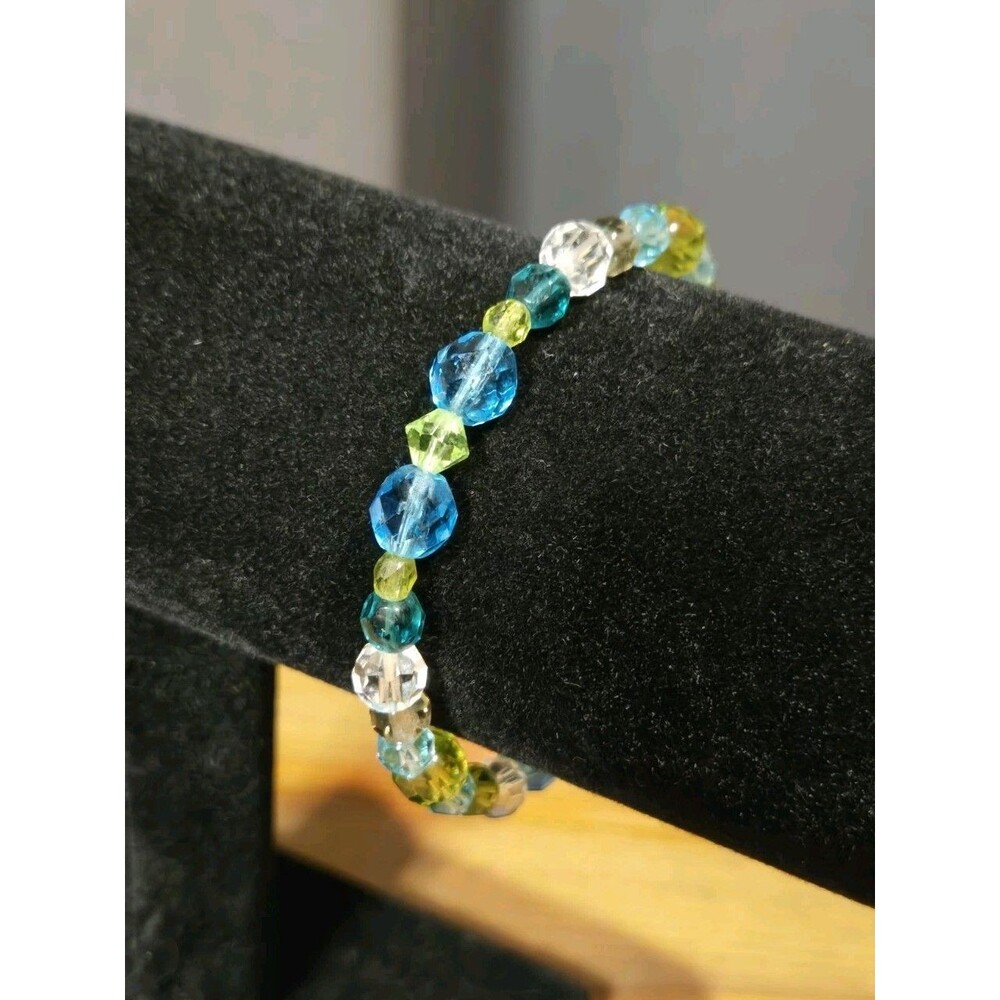 Crystal Glass Bead Bracelet W/ Silver Clasp, Clear Green & Blue